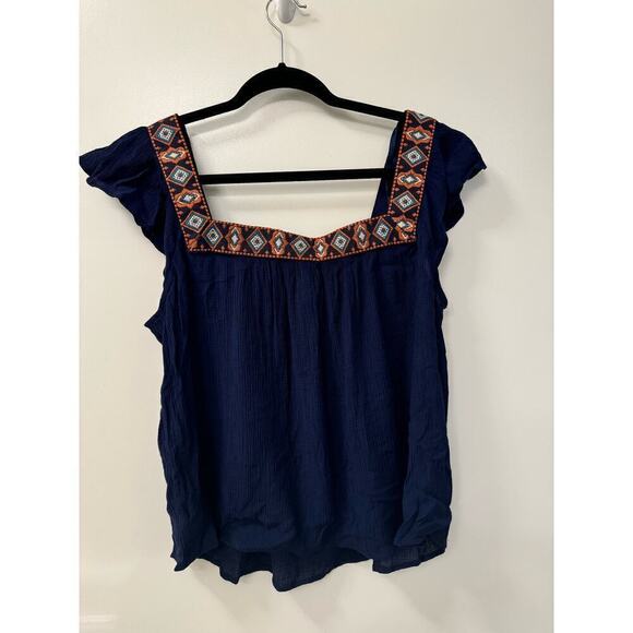 Xhilaration Large Navy Short Flutter Sleeve Gauze Square Neckline Top - Picture 2 of 5